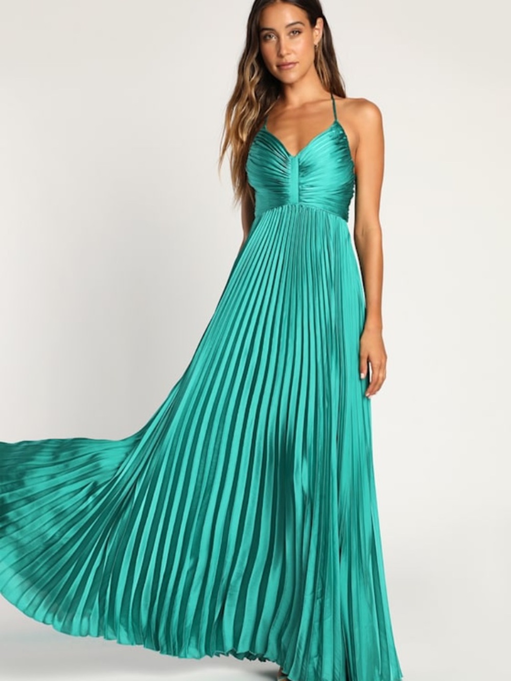 Lulus Dreaming In Color Green V-neck Pleated Satin Maxi Dress - Size M